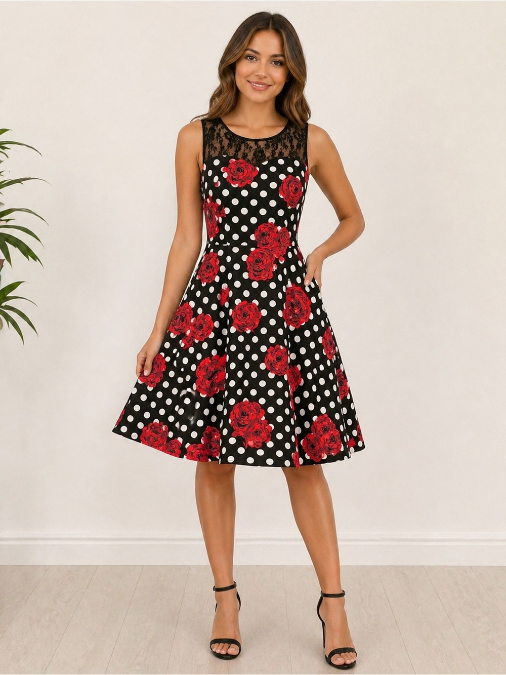 Classic Black & Red Floral Polka Dot Vintage Dress